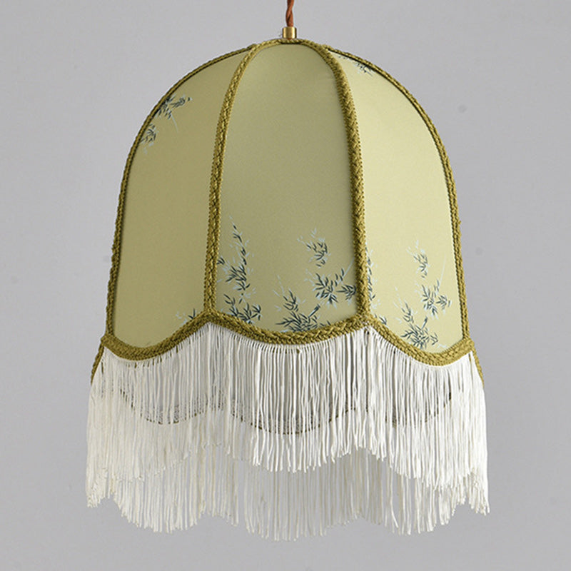 Traditional French Iron Fabric Dome Tassel Floral Embroidery 1-Light Pendant Light For Dining Room