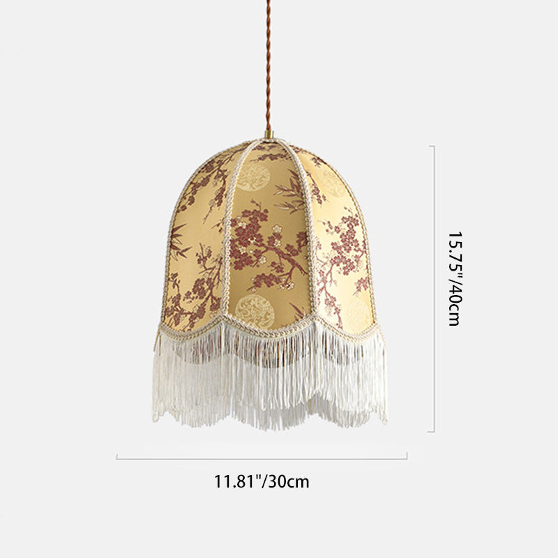 Traditional French Iron Fabric Dome Tassel Floral Embroidery 1-Light Pendant Light For Dining Room