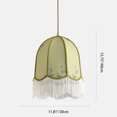 Traditional French Iron Fabric Dome Tassel Floral Embroidery 1-Light Pendant Light For Dining Room