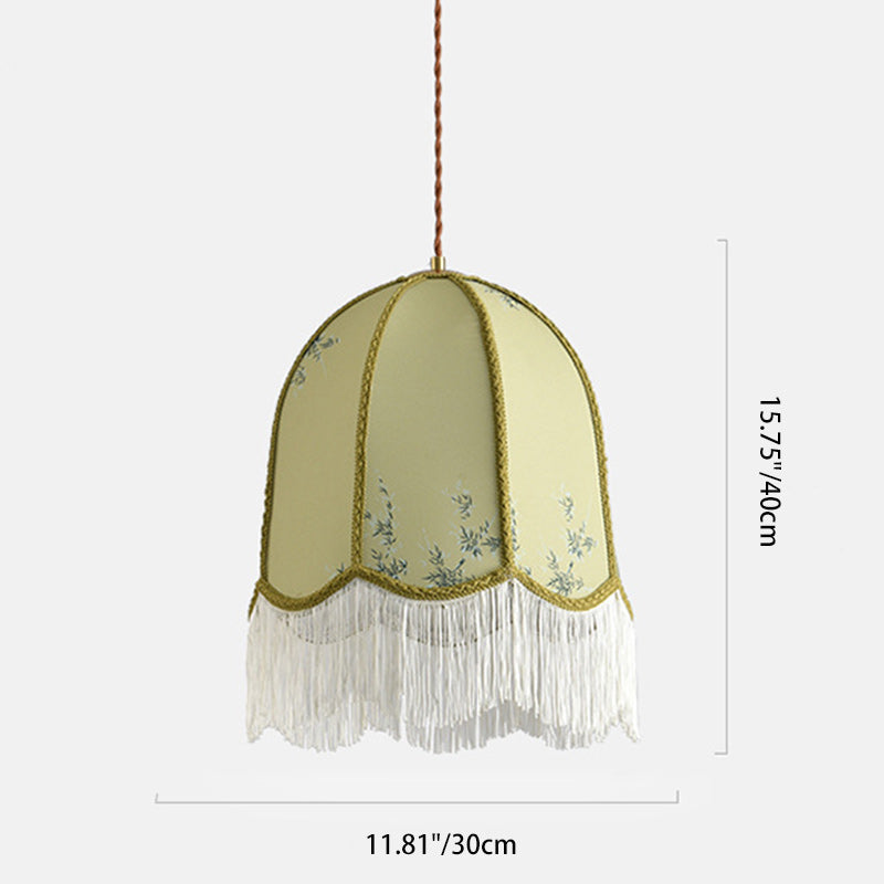 Traditional French Iron Fabric Dome Tassel Floral Embroidery 1-Light Pendant Light For Dining Room