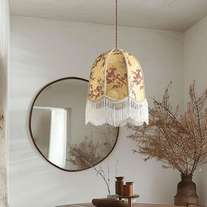 Traditionelle französische Eisenstoffkuppel Quaste Blumenstickerei 1-Licht Pendelleuchte für Esszimmer 