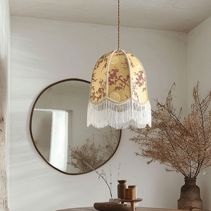 Traditional French Iron Fabric Dome Tassel Floral Embroidery 1-Light Pendant Light For Dining Room