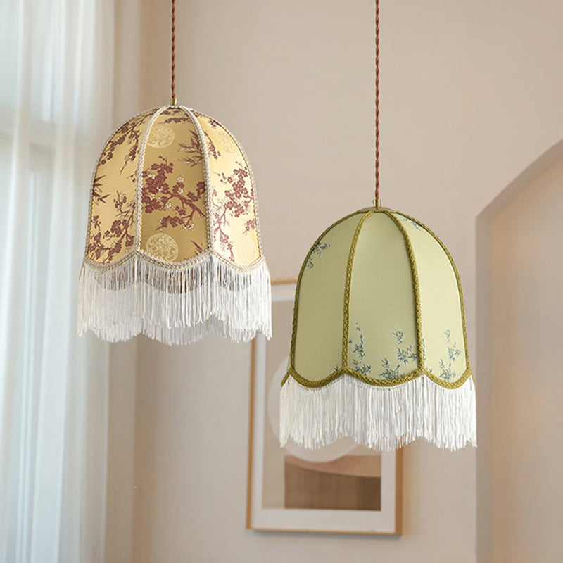 Traditionelle französische Eisenstoffkuppel Quaste Blumenstickerei 1-Licht Pendelleuchte für Esszimmer 