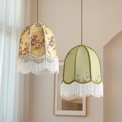 Traditional French Iron Fabric Dome Tassel Floral Embroidery 1-Light Pendant Light For Dining Room