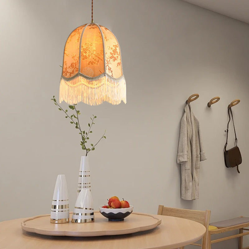 Traditionelle französische Eisenstoffkuppel Quaste Blumenstickerei 1-Licht Pendelleuchte für Esszimmer 