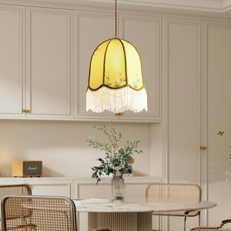Traditional French Iron Fabric Dome Tassel Floral Embroidery 1-Light Pendant Light For Dining Room