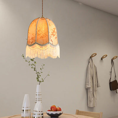 Traditional French Iron Fabric Dome Tassel Floral Embroidery 1-Light Pendant Light For Dining Room