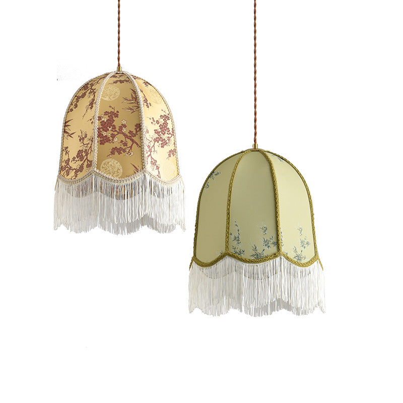 Traditional French Iron Fabric Dome Tassel Floral Embroidery 1-Light Pendant Light For Dining Room