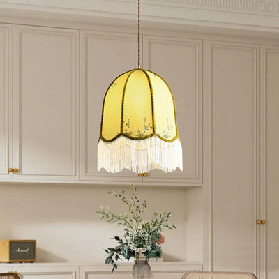 Traditional French Iron Fabric Dome Tassel Floral Embroidery 1-Light Pendant Light For Dining Room