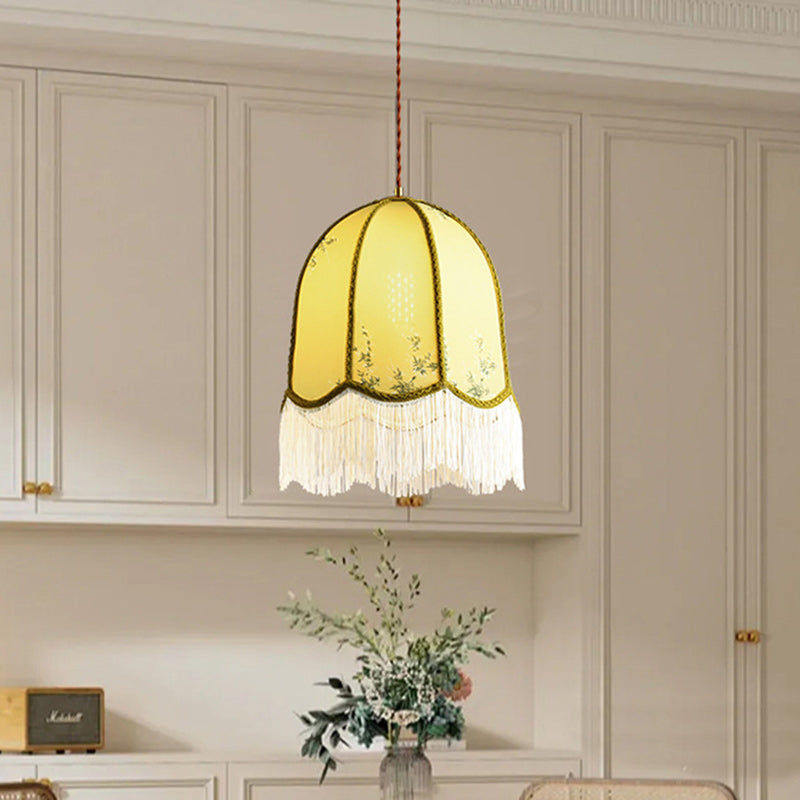 Traditional French Iron Fabric Dome Tassel Floral Embroidery 1-Light Pendant Light For Dining Room