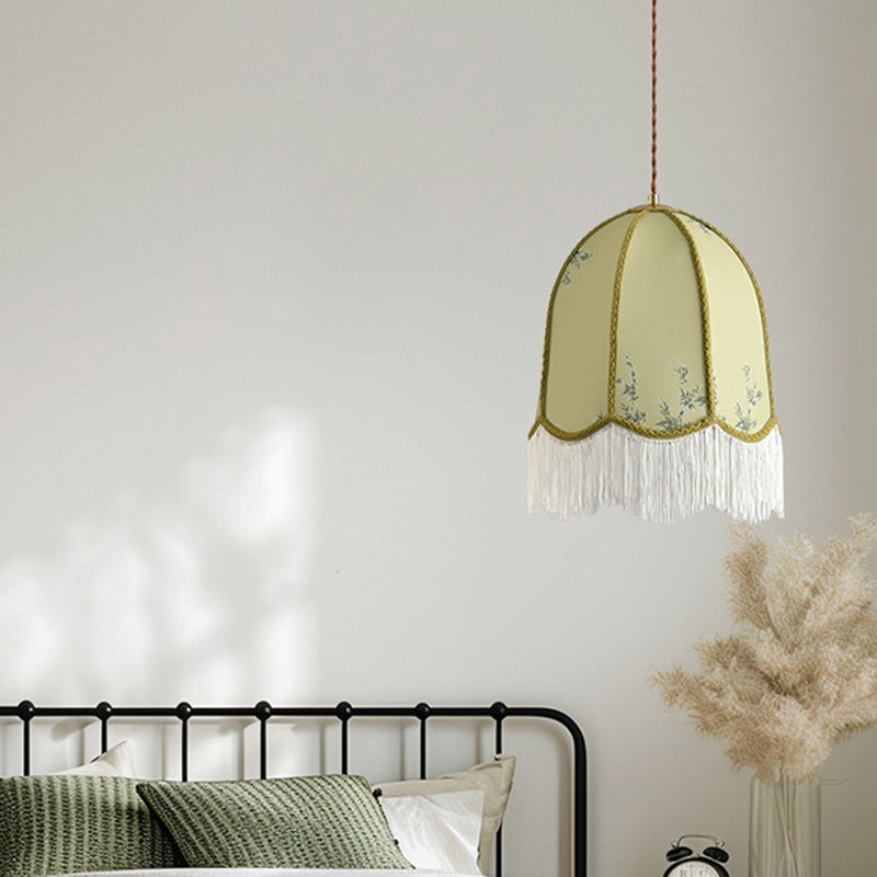 Traditional French Iron Fabric Dome Tassel Floral Embroidery 1-Light Pendant Light For Dining Room