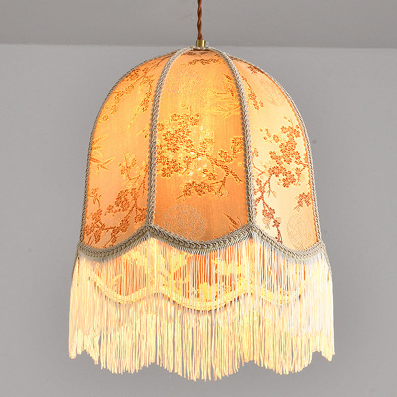 Traditional French Iron Fabric Dome Tassel Floral Embroidery 1-Light Pendant Light For Dining Room