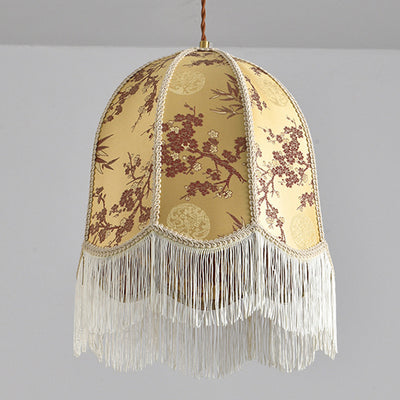 Traditional French Iron Fabric Dome Tassel Floral Embroidery 1-Light Pendant Light For Dining Room