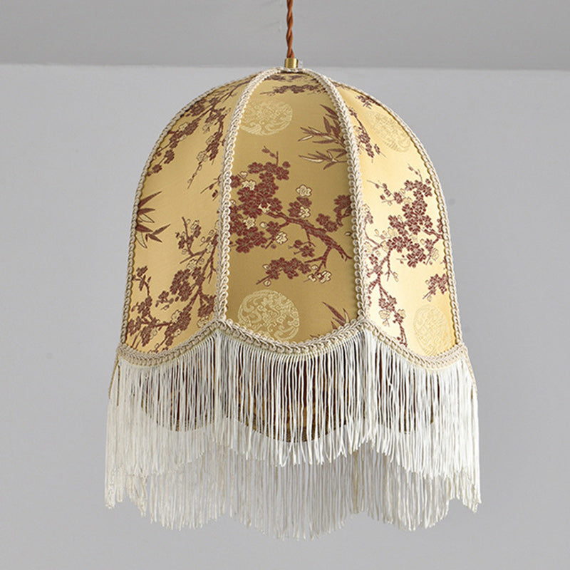 Traditional French Iron Fabric Dome Tassel Floral Embroidery 1-Light Pendant Light For Dining Room