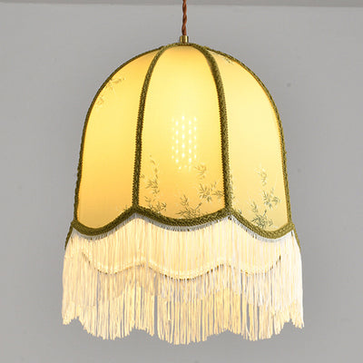 Traditional French Iron Fabric Dome Tassel Floral Embroidery 1-Light Pendant Light For Dining Room