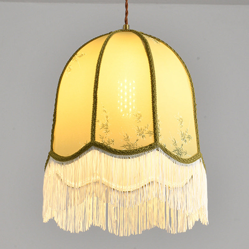 Traditional French Iron Fabric Dome Tassel Floral Embroidery 1-Light Pendant Light For Dining Room
