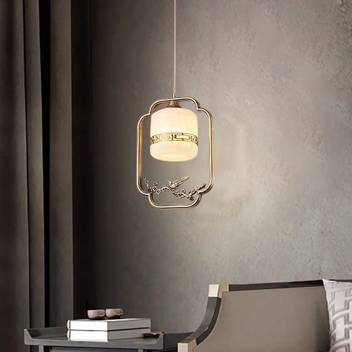Traditional Chinese Brass Jade Marble Round Cylinder Carved Bird Flower 1-Light Pendant Light For Bedside