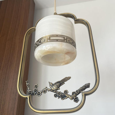 Lámpara colgante de 1 luz tradicional china de latón, jade, mármol, cilindro redondo tallado con pájaro y flor para la mesita de noche 