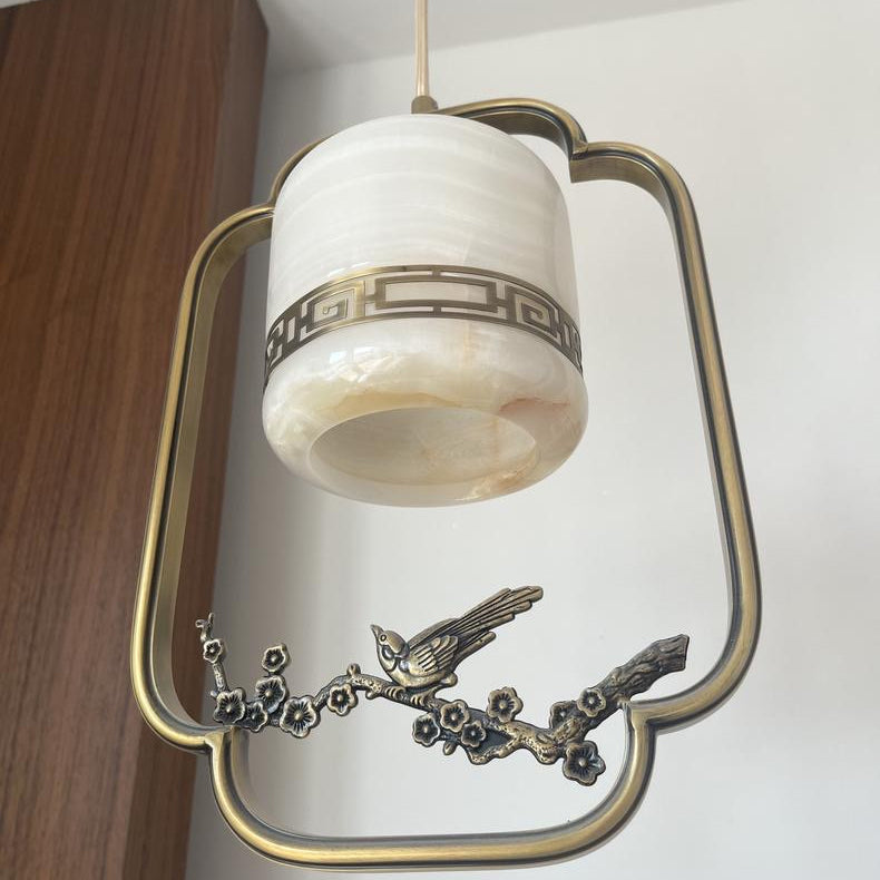 Lámpara colgante de 1 luz tradicional china de latón, jade, mármol, cilindro redondo tallado con pájaro y flor para la mesita de noche 