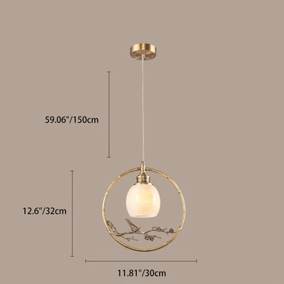 Lámpara colgante de 1 luz tradicional china de latón, jade, mármol, cilindro redondo tallado con pájaro y flor para la mesita de noche 