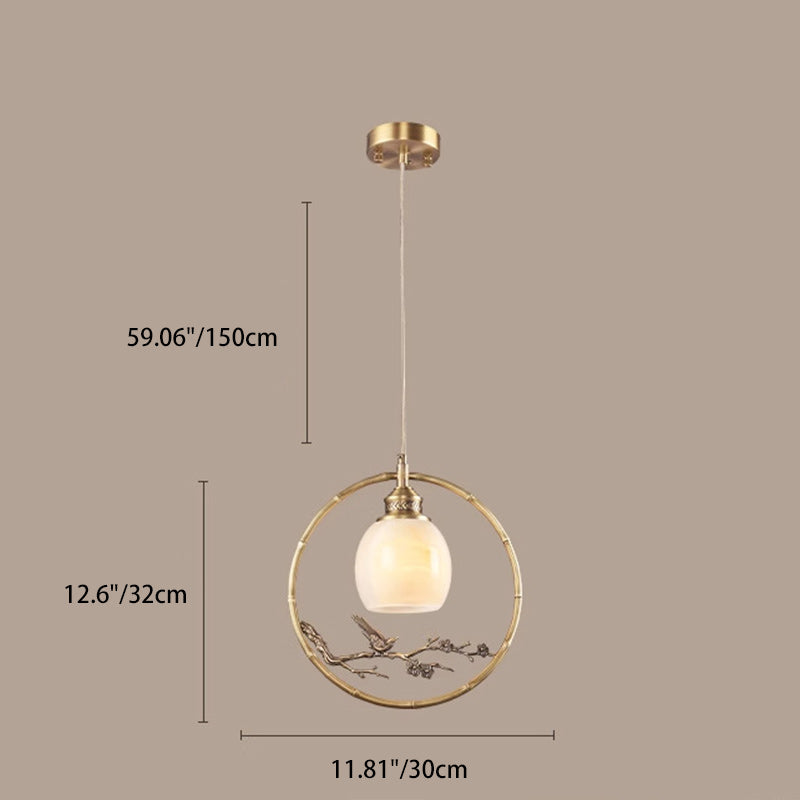 Lámpara colgante de 1 luz tradicional china de latón, jade, mármol, cilindro redondo tallado con pájaro y flor para la mesita de noche 