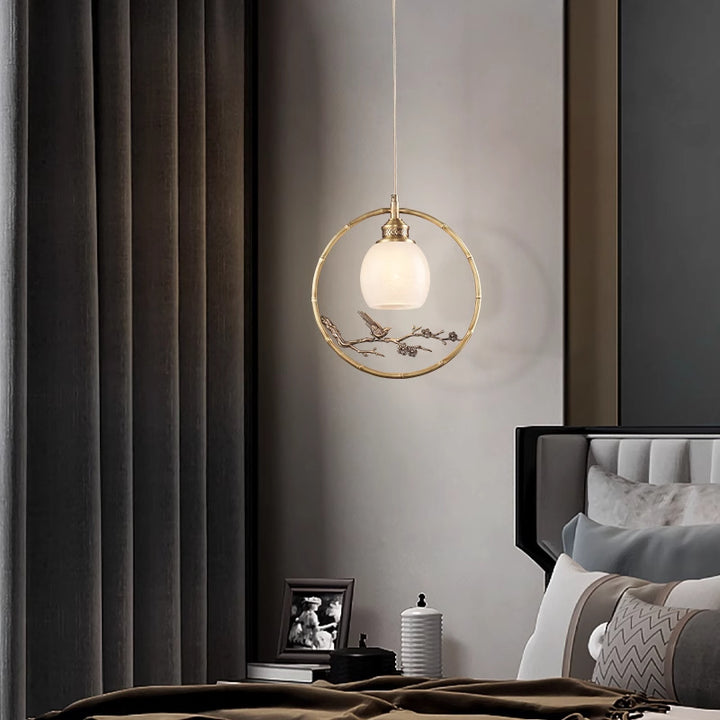 Traditional Chinese Brass Jade Marble Round Cylinder Carved Bird Flower 1-Light Pendant Light For Bedside