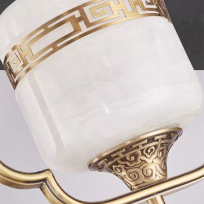 Lámpara colgante de 1 luz tradicional china de latón, jade, mármol, cilindro redondo tallado con pájaro y flor para la mesita de noche 