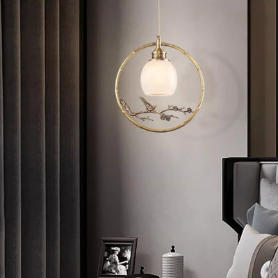 Lámpara colgante de 1 luz tradicional china de latón, jade, mármol, cilindro redondo tallado con pájaro y flor para la mesita de noche 