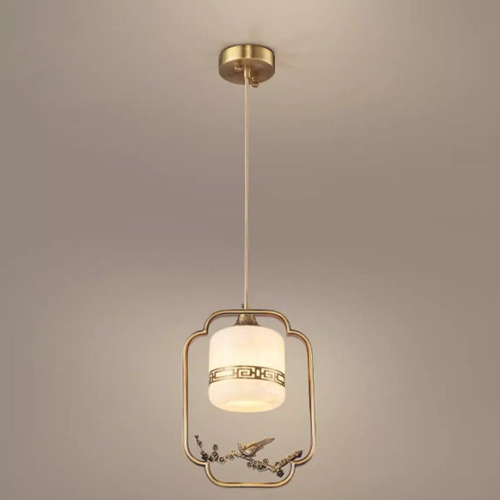 Traditional Chinese Brass Jade Marble Round Cylinder Carved Bird Flower 1-Light Pendant Light For Bedside