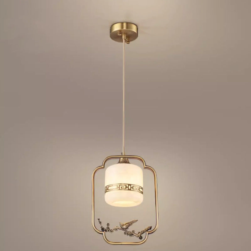 Lámpara colgante de 1 luz tradicional china de latón, jade, mármol, cilindro redondo tallado con pájaro y flor para la mesita de noche 