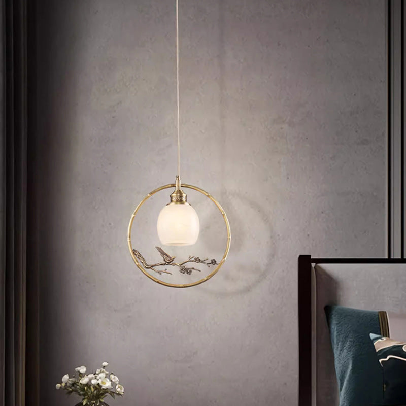 Lámpara colgante de 1 luz tradicional china de latón, jade, mármol, cilindro redondo tallado con pájaro y flor para la mesita de noche 