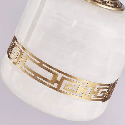 Lámpara colgante de 1 luz tradicional china de latón, jade, mármol, cilindro redondo tallado con pájaro y flor para la mesita de noche 