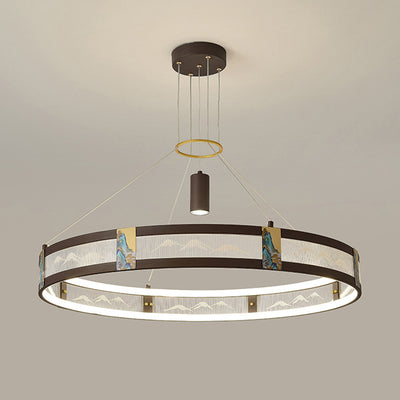Traditional Chinese Iron Acrylic Stainless Steel Round Enamel Painting LED Chandeliers Spotlight For Living Room