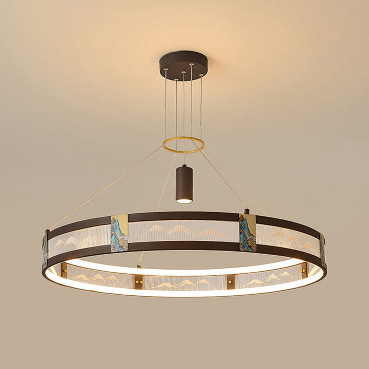 Traditionelle chinesische Eisen Acryl Edelstahl Runde Emaille Malerei LED Kronleuchter Spot für Wohnzimmer 