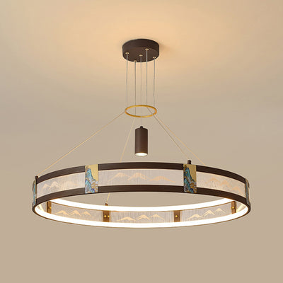 Traditional Chinese Iron Acrylic Stainless Steel Round Enamel Painting LED Chandeliers Spotlight For Living Room