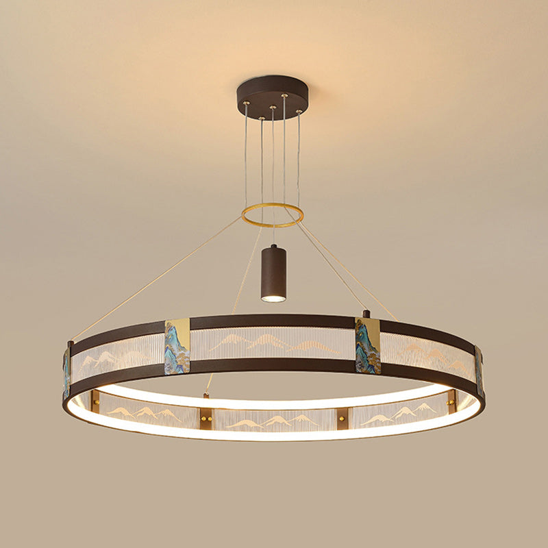 Traditional Chinese Iron Acrylic Stainless Steel Round Enamel Painting LED Chandeliers Spotlight For Living Room