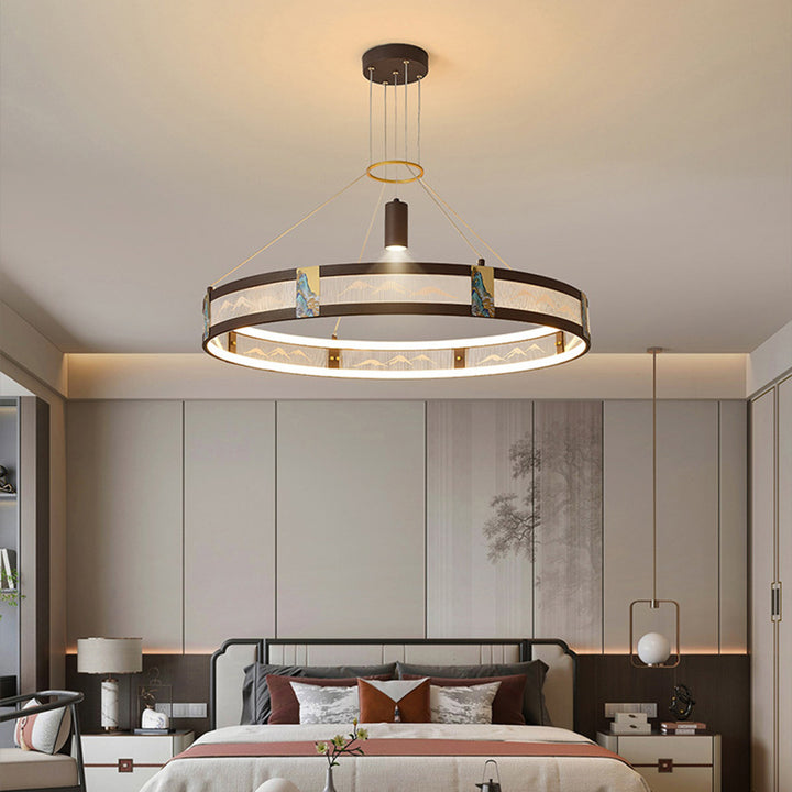 Traditionelle chinesische Eisen Acryl Edelstahl Runde Emaille Malerei LED Kronleuchter Spot für Wohnzimmer 