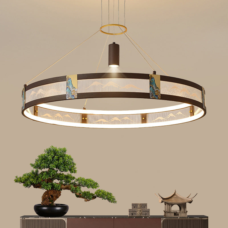Traditional Chinese Iron Acrylic Stainless Steel Round Enamel Painting LED Chandeliers Spotlight For Living Room