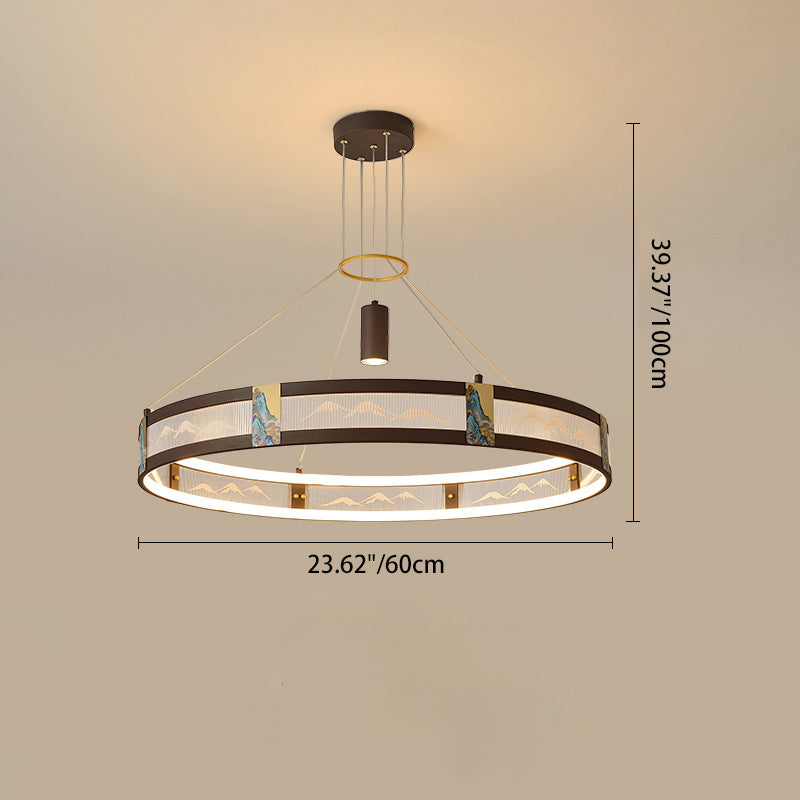 Traditional Chinese Iron Acrylic Stainless Steel Round Enamel Painting LED Chandeliers Spotlight For Living Room