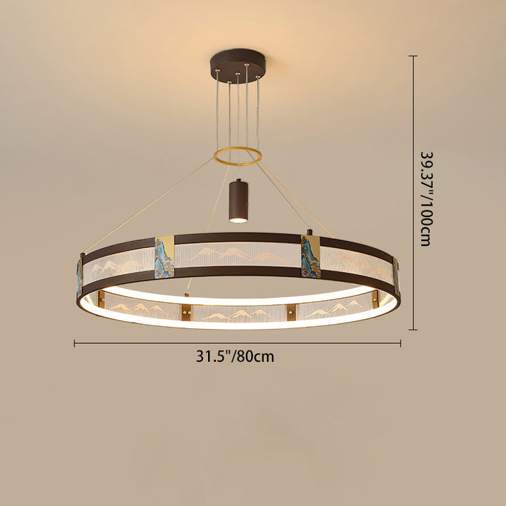 Traditionelle chinesische Eisen Acryl Edelstahl Runde Emaille Malerei LED Kronleuchter Spot für Wohnzimmer 