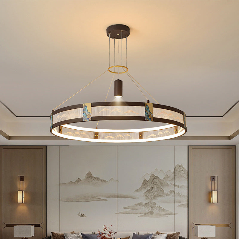 Traditional Chinese Iron Acrylic Stainless Steel Round Enamel Painting LED Chandeliers Spotlight For Living Room