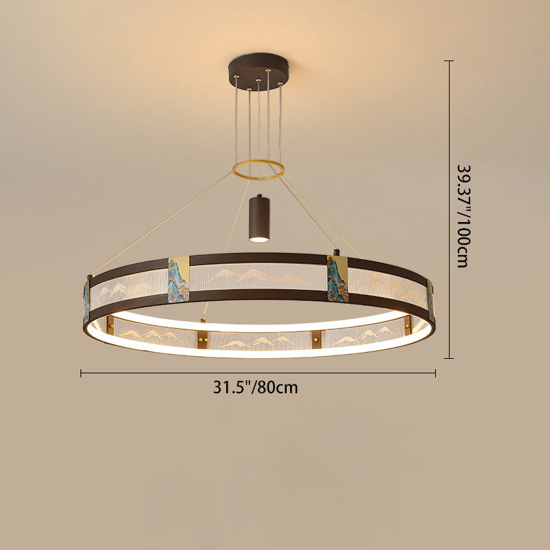 Traditional Chinese Iron Acrylic Stainless Steel Round Enamel Painting LED Chandeliers Spotlight For Living Room