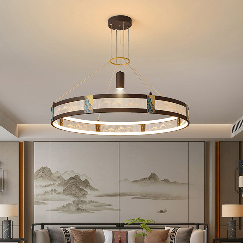 Traditional Chinese Iron Acrylic Stainless Steel Round Enamel Painting LED Chandeliers Spotlight For Living Room