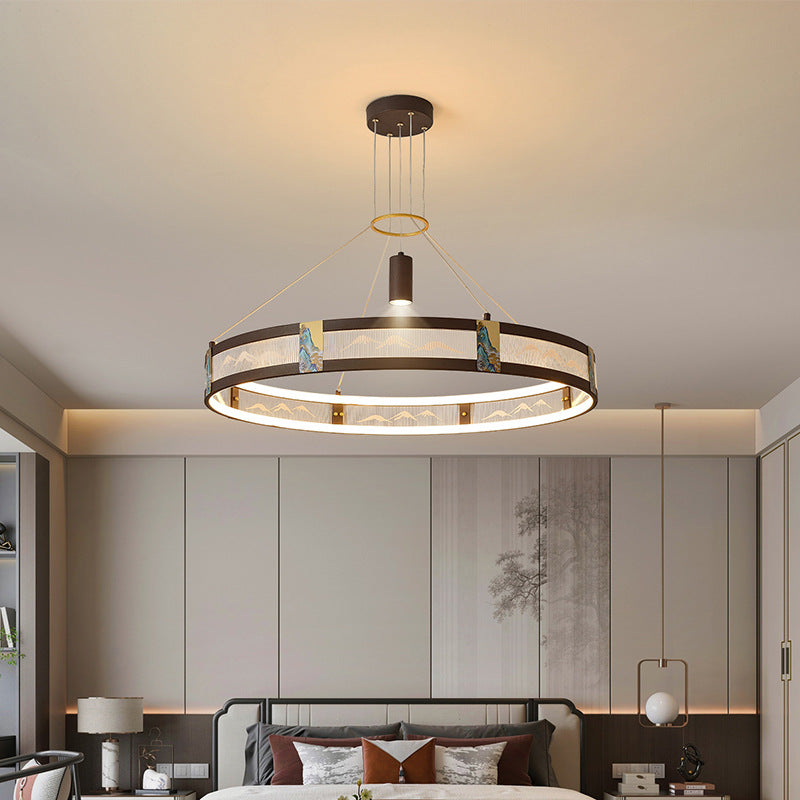 Traditional Chinese Iron Acrylic Stainless Steel Round Enamel Painting LED Chandeliers Spotlight For Living Room
