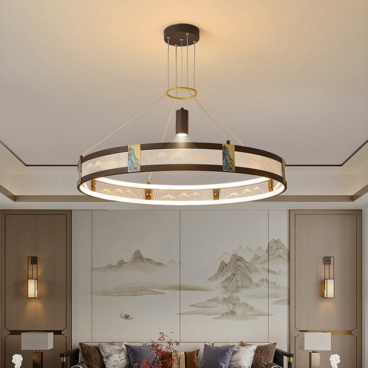 Traditionelle chinesische Eisen Acryl Edelstahl Runde Emaille Malerei LED Kronleuchter Spot für Wohnzimmer 