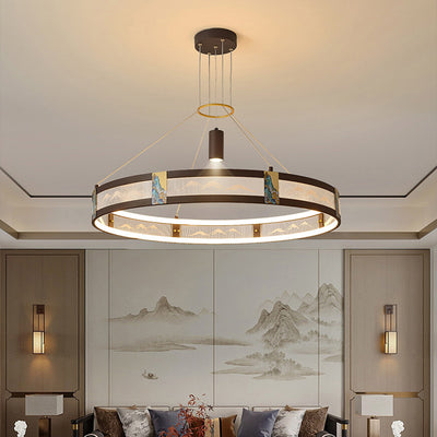 Traditional Chinese Iron Acrylic Stainless Steel Round Enamel Painting LED Chandeliers Spotlight For Living Room