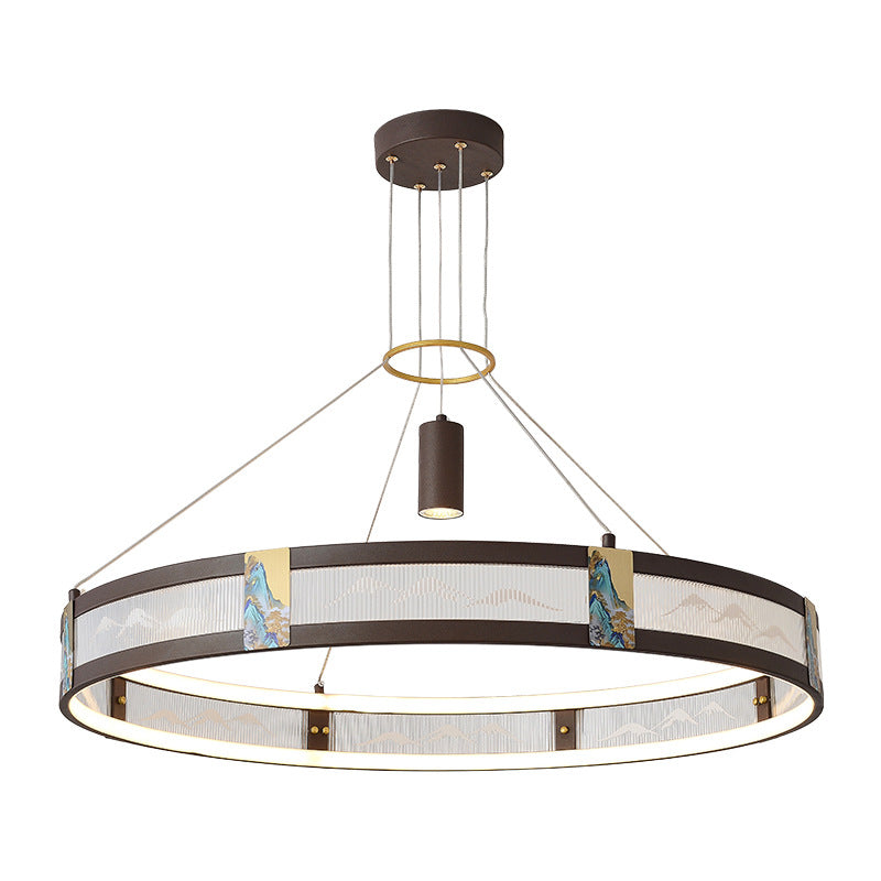 Traditional Chinese Iron Acrylic Stainless Steel Round Enamel Painting LED Chandeliers Spotlight For Living Room