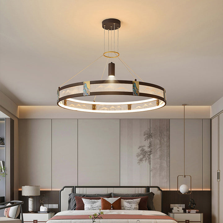 Traditionelle chinesische Eisen Acryl Edelstahl Runde Emaille Malerei LED Kronleuchter Spot für Wohnzimmer 