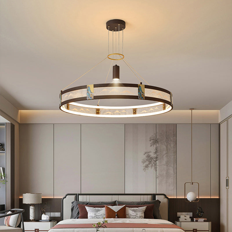 Traditional Chinese Iron Acrylic Stainless Steel Round Enamel Painting LED Chandeliers Spotlight For Living Room