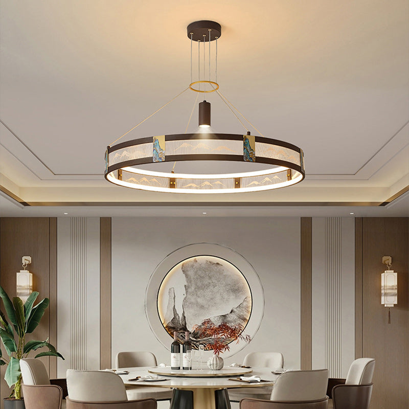 Traditional Chinese Iron Acrylic Stainless Steel Round Enamel Painting LED Chandeliers Spotlight For Living Room
